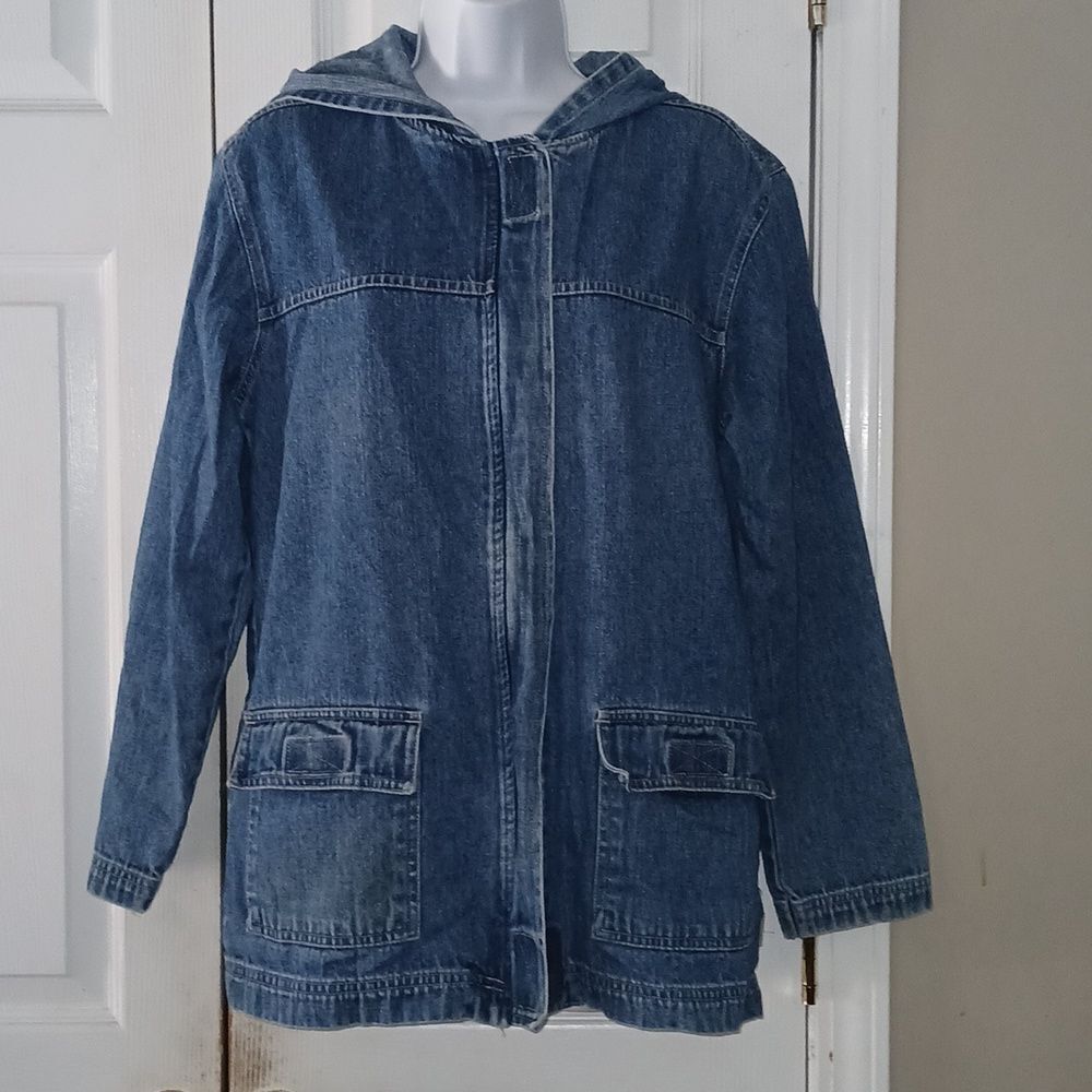 Blassport zip front denim jean hooded jacket Sz S EUC